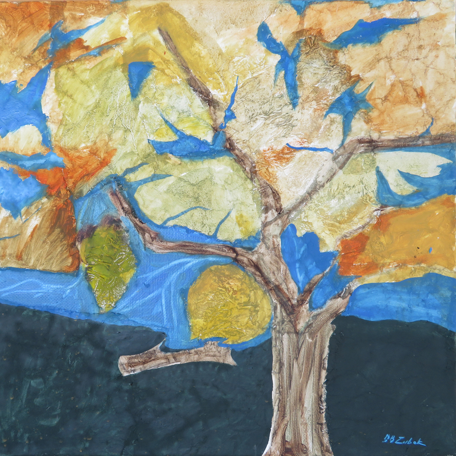 Drvo (collage), oil on canvas, 55x55 cm, 2019.